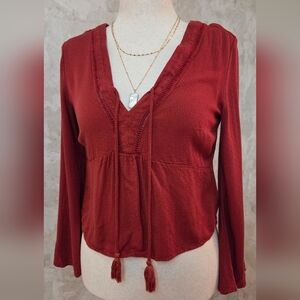 Idyllwind Boho Peasant Blouse Rust Tassel Tie Bell Sleeve Top Medium